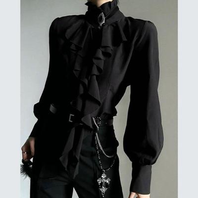 Harajuku Vintage Maglia Nera Sottogiacca Donna Collo Alto Volant Slim Bluse Giapponese Vittoriano Manica Lunga Blusas De Mujer