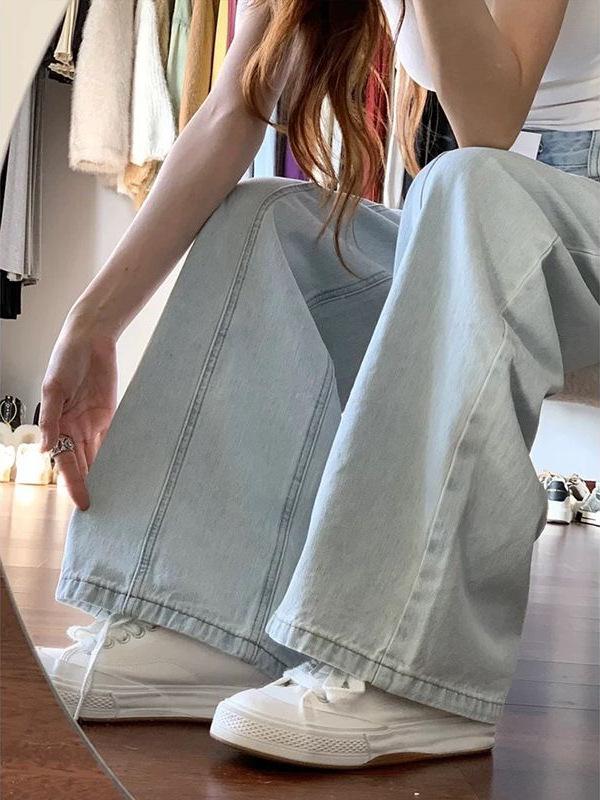 Women's High-Waisted Light Blue Straight-Leg Jeans - Summer Loose Wide-Leg Floor-Length Pants for Plus Size.