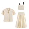 Summer Minimalist Style V-neck Slim Fit Structured Knit Short Sleeved Knitted Jacket with Suspender Short Top and Half Skirt