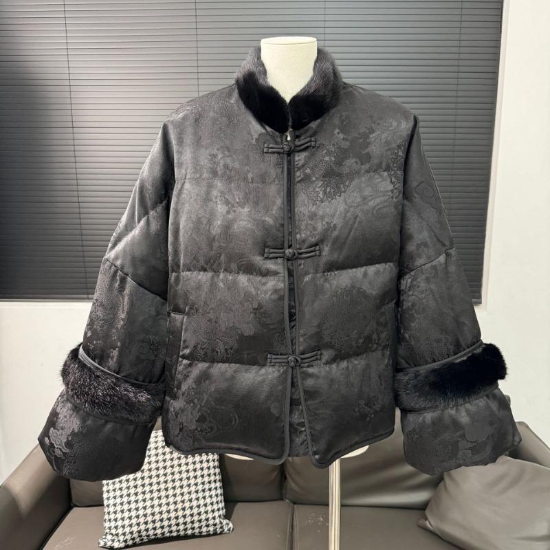 Retro Stand-up Collar Buckle Jacquard Mink Hair Down Jacket Women's Winter Goose Down Jacket a Piece