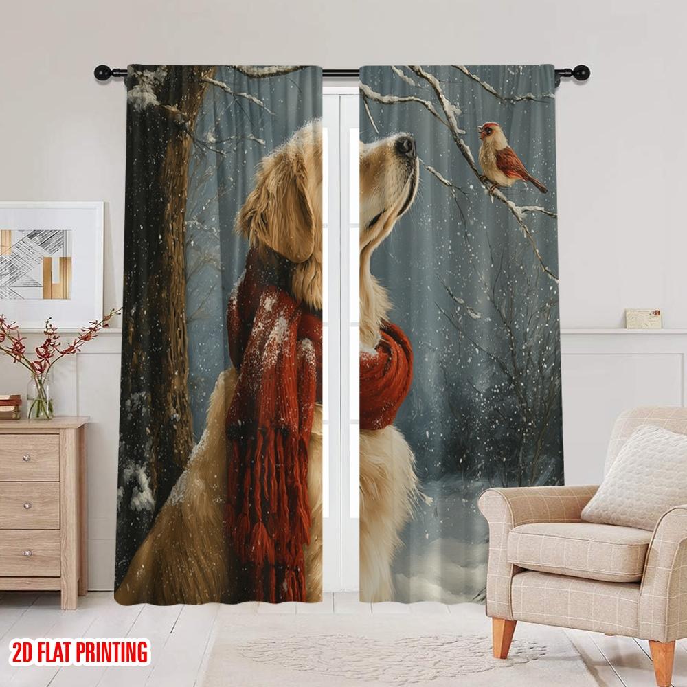 2pcs,2D Plane Printing Print Curtains Cute Dog Durable 100% Polyester Fabric (without Rod) All Seasons Use for Bedroom, Living