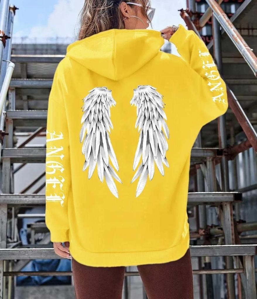 Damen Fleece Hoodie mit Engelsflügel-Print - Lockerer Casual Herbst Pullover mit Taschen