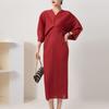 Elegant Pleated Midi Dress With Batwing Sleeves V-Neck Slim Fit Office Wear