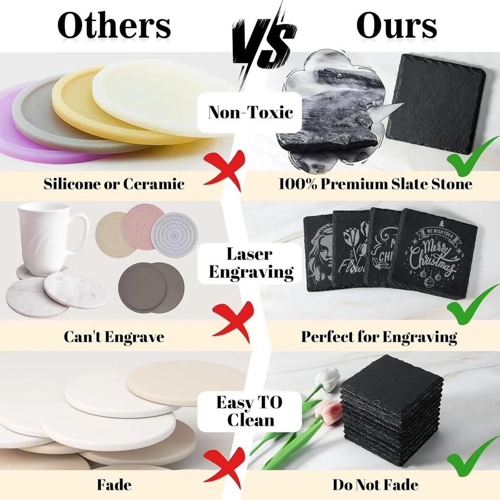 8pcs Slate Coasters Bulk - 4 Inch Square Round and Hexagon Handmade Black Stone Blanks for Laser Engraving and Home Decor