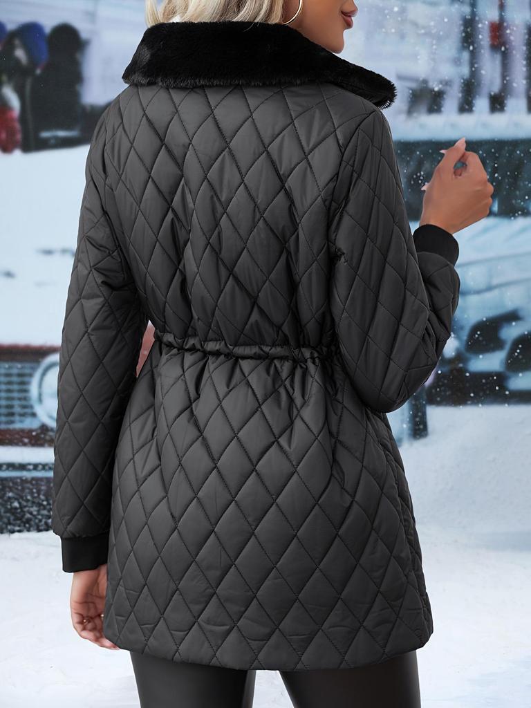 European-American Fur Collar Quilted Jacket: Slimming Mid-length Black Coat for Autumn/Winter - Warm and Windproof