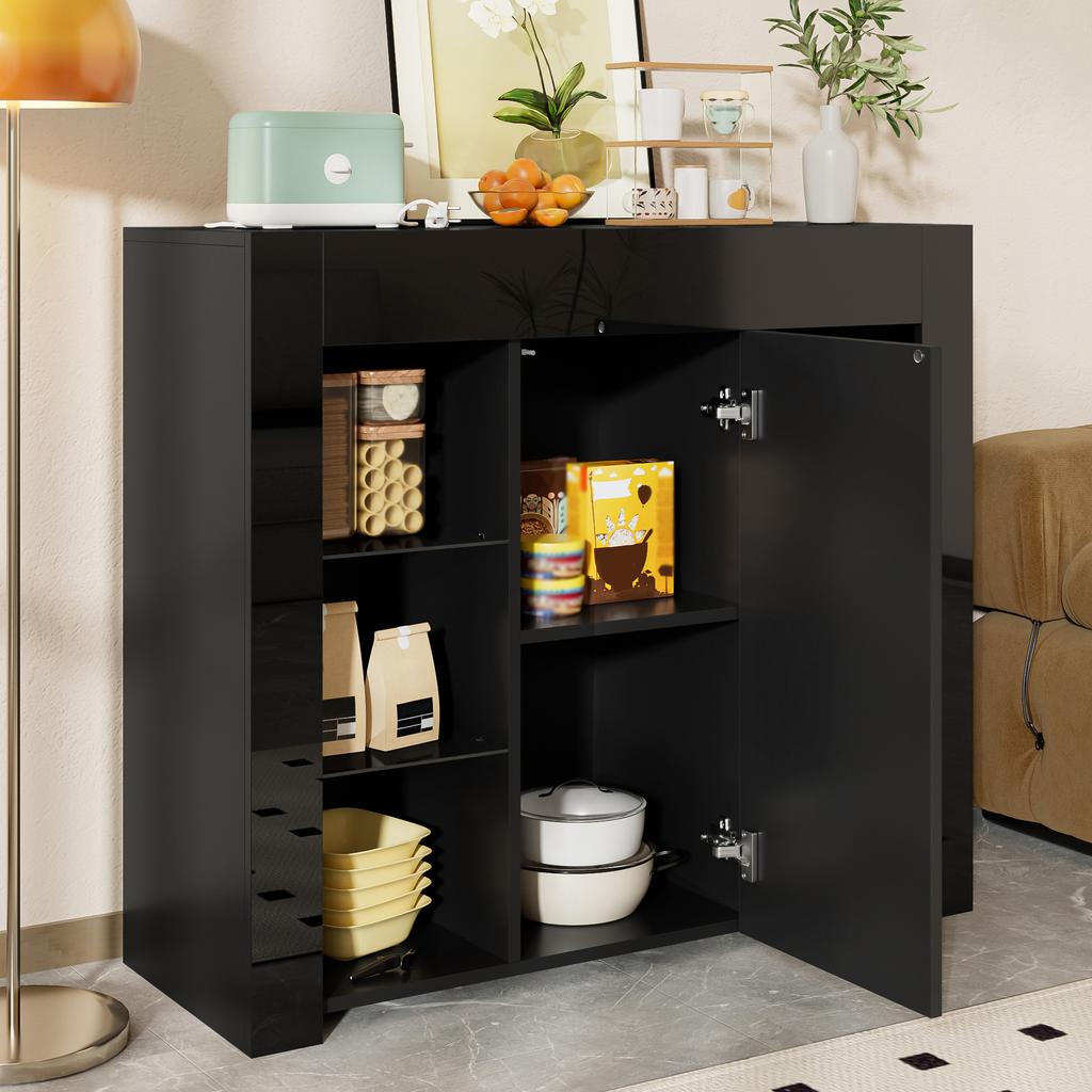 Modern Black Sideboard with High-Gloss Front – Storage with Glass Shelves and Cabinet Door for Living Room, Dining Room or Kitchen – 95x35x83 Cm
