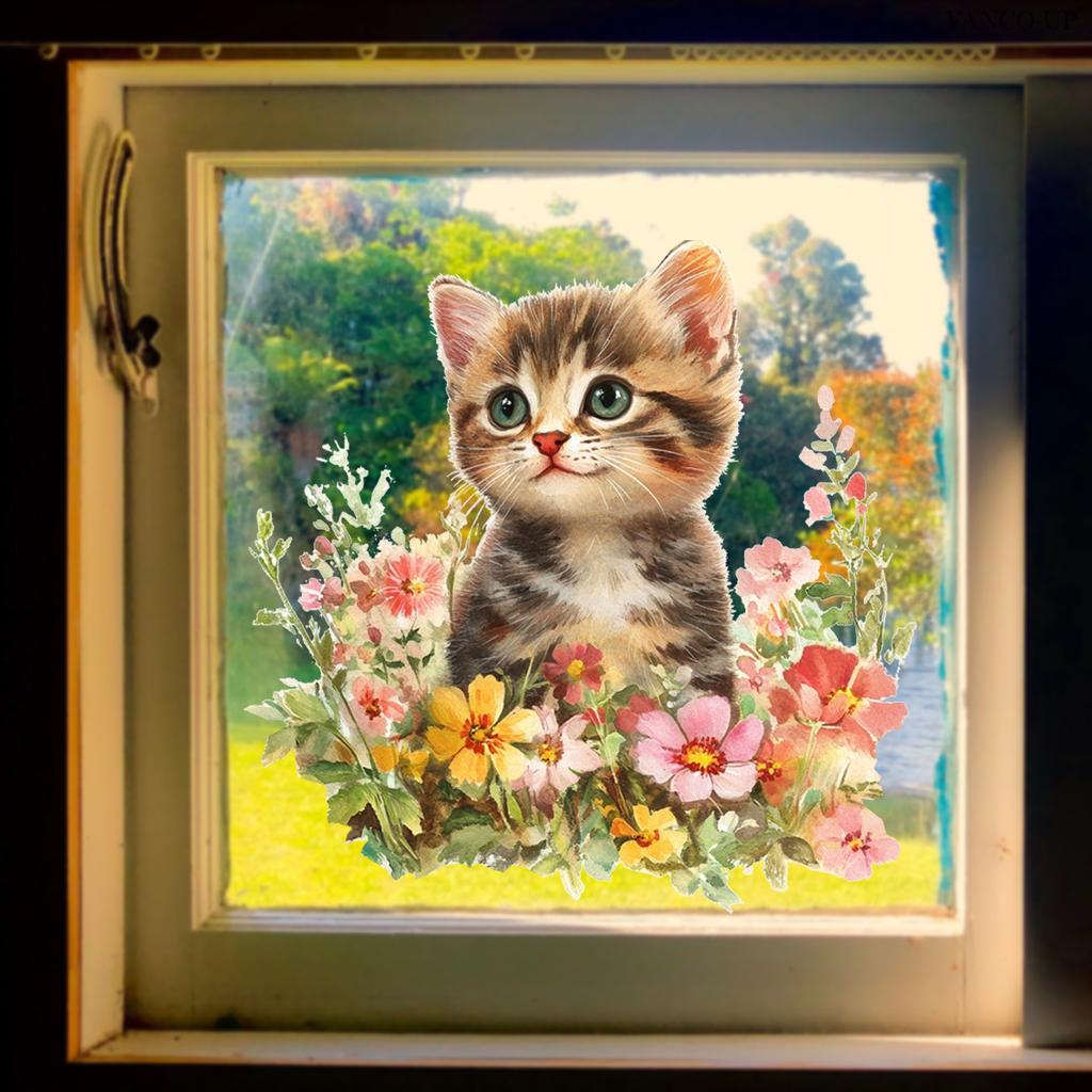 Cute Floral Animal Static Cling Window Sticker Removable PVC Double-Sided Visible for Glass Door Showcase Home Decor Art