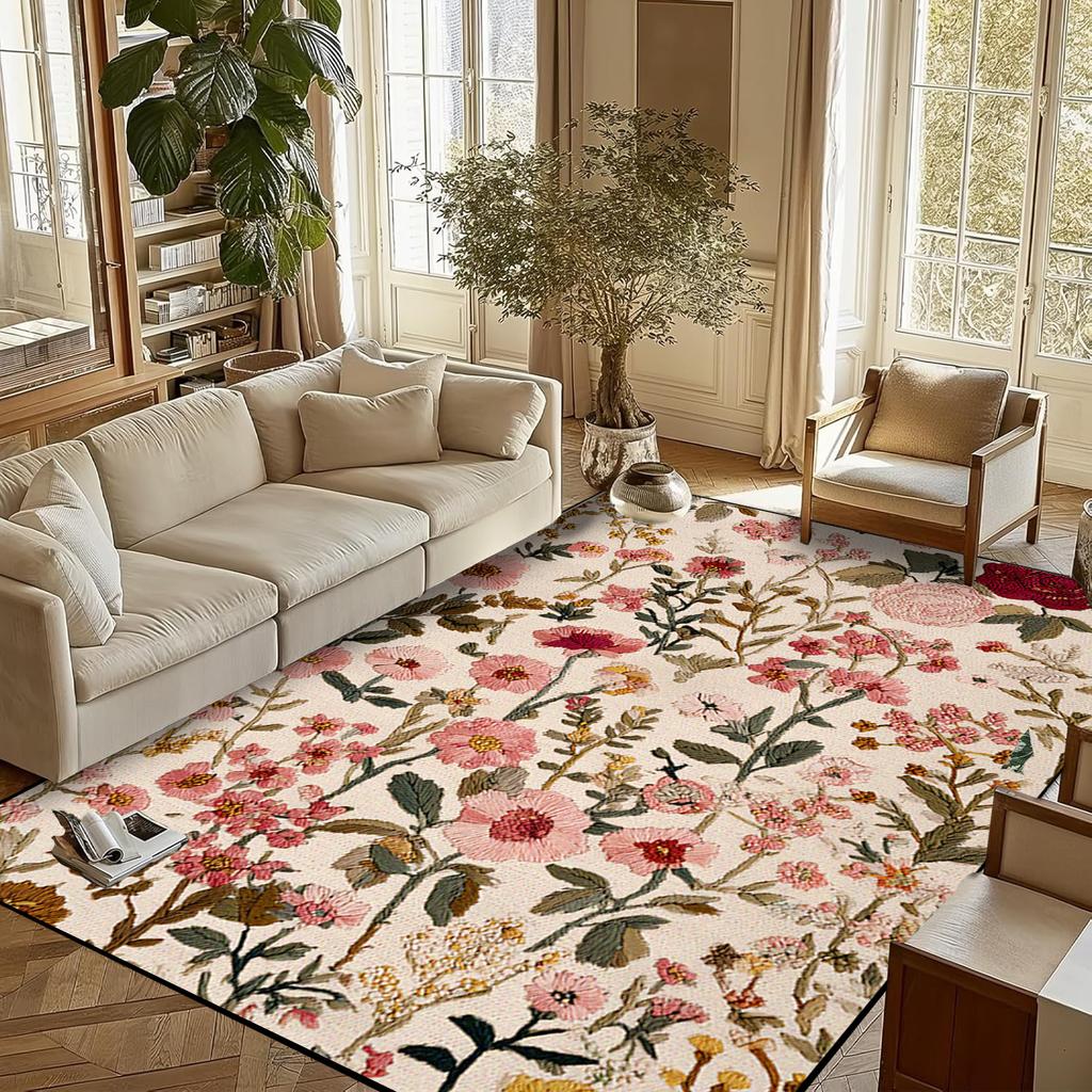 Retro Flower Living Room Carpet Non-slip Machine Washable Soft Floor Mat Nordic Style Plant Rugs Large Size Home Decoration Mats