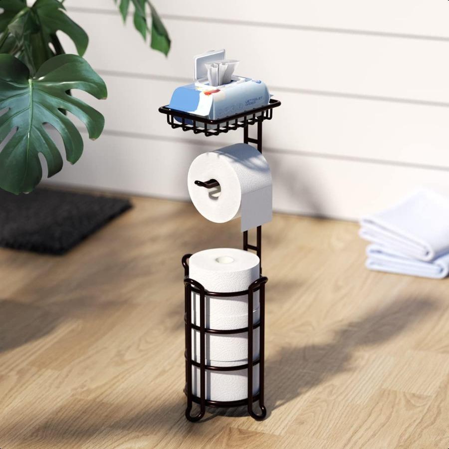 Toilet Paper Holder Stand Tissue Paper Roll Dispenser with Shelf for Bathroom Storage Holds Reserve Mega RollsBronze