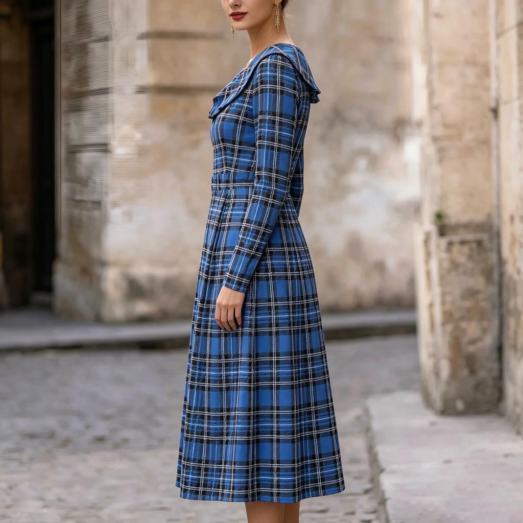 Women's Plaid Long Sleeve Round Neck Midi Dress with Back Zipper for Casual Daily Wear
