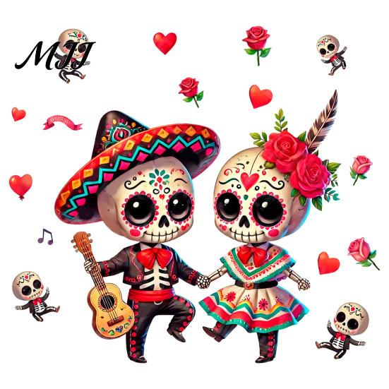 Mexican Skeleton Decals for Glass Halloween Cartoon Couple Window Stickers, Waterproof PVC Day of The Dead Static Decals, Traditional Style