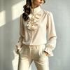 European and American Temperament Commuter Stand-up Collar Long-sleeved Polyester Shirt Women's Elegant Style Autumn New Solid Color Versatile Top