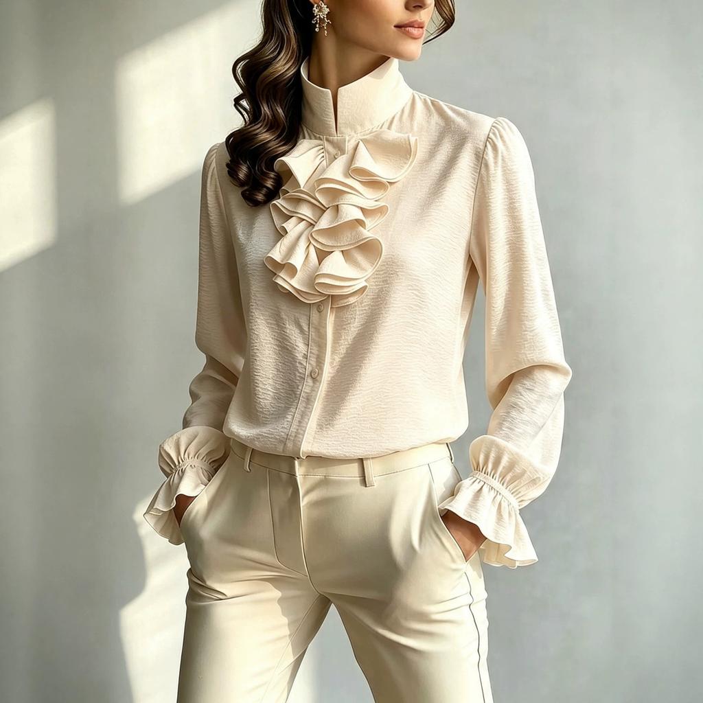European and American Temperament Commuter Stand-up Collar Long-sleeved Polyester Shirt Women's Elegant Style Autumn New Solid Color Versatile Top