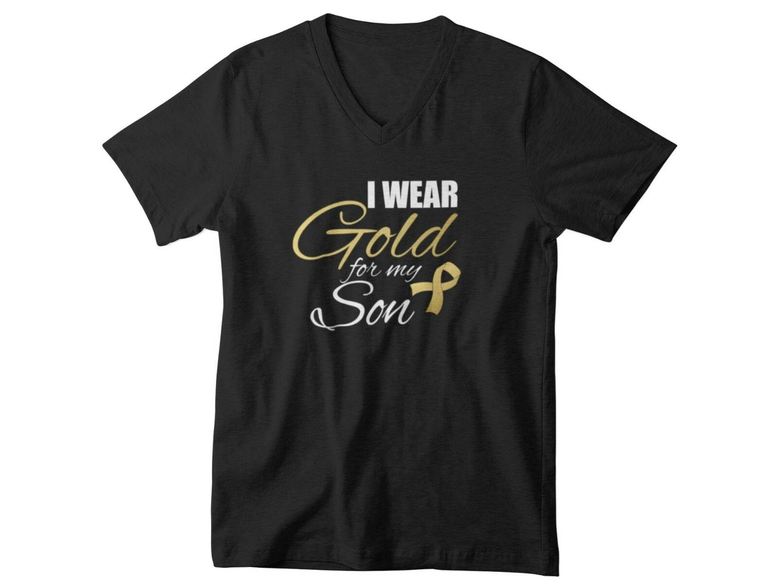 Mens V-neck I Wear Gold For My Son T Shirt Ribbon Childhood Child Cancer Support 2XL