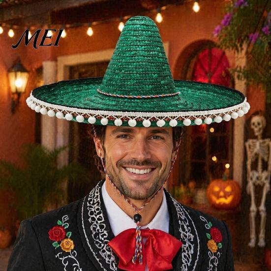 Volwassen Vakantiehoed Mexicaanse Sombrero met Kleurrijke Pompons, Hawaïaanse Stijl Geweven Strooien Zonnehoed, Met Brede Rand Lichtgewicht Themafeest Kostuum voor Zomerstrand