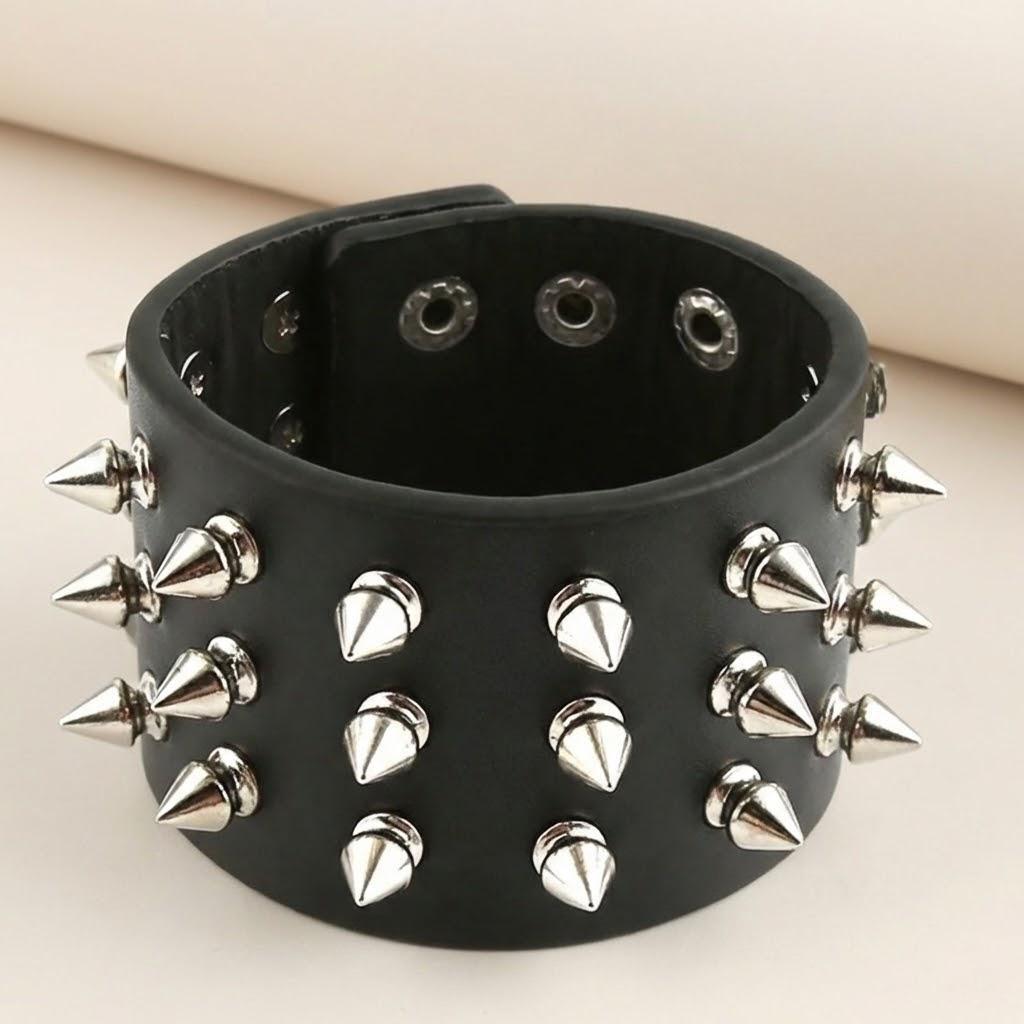 Punk Gothic Rock Metal Cone Stud Spikes Rivet Wide Leather Cuff Bracelet Men Jewelry Charm зелёный