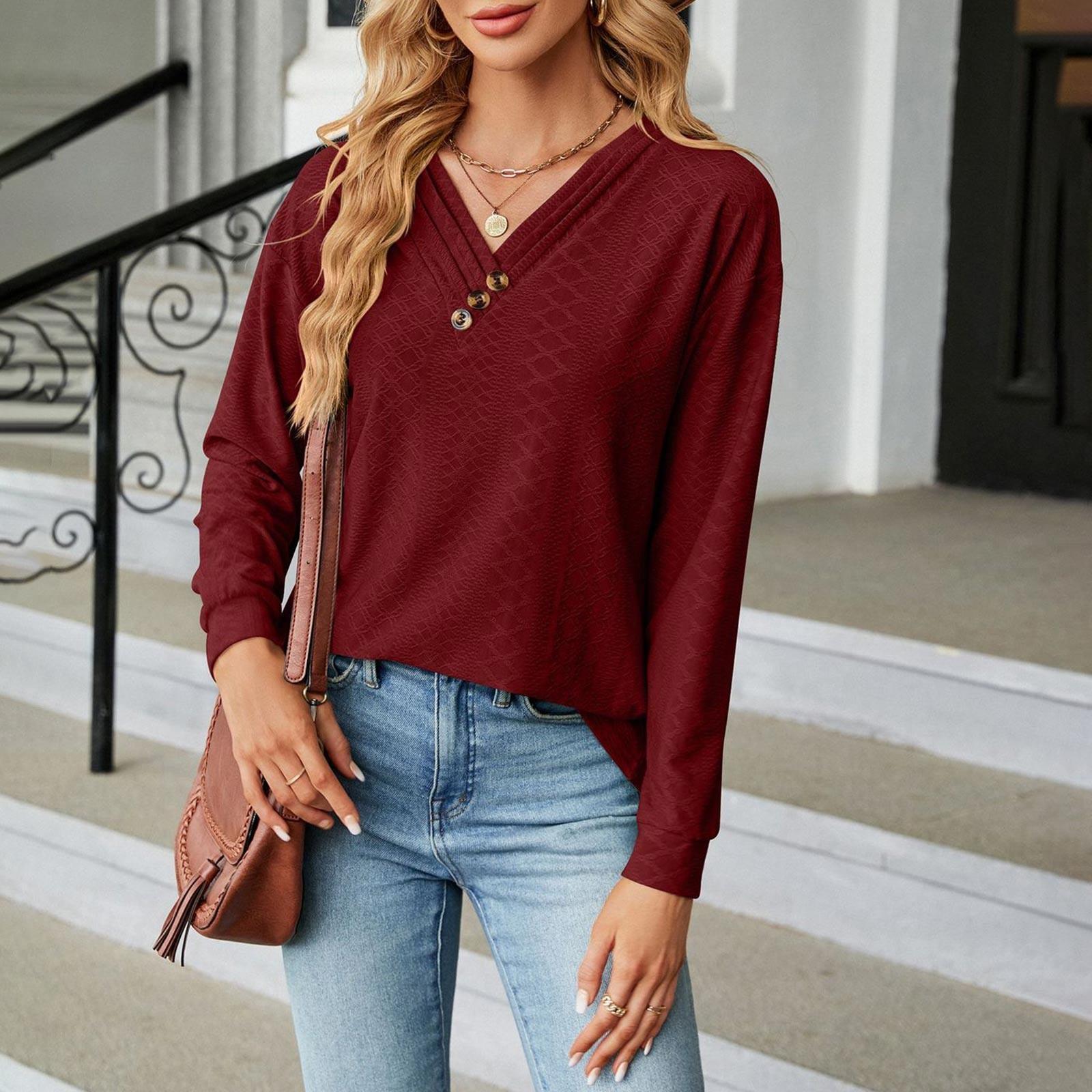 

Женская модная однотонная футболка с V-образным вырезом и пуговицами, свободная, с длинным рукавом XL винный