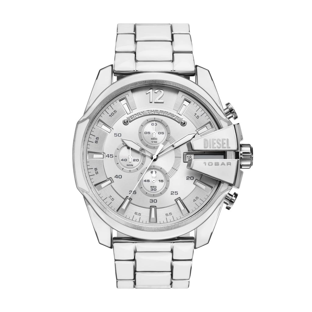 Diesel Men's Mega Chief Stainless Steel Chronograph Watch, Color: Silver/White (Model: DZ4660), White/Flyaway Orchid, Mega Chief.
