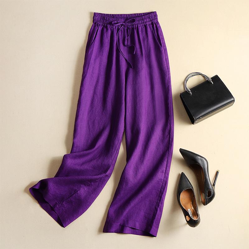 Women's Cotton Linen Elastic Waist Wide Leg Pants - Plus Size, Casual, Draping Straight Leg, Spring/Summer