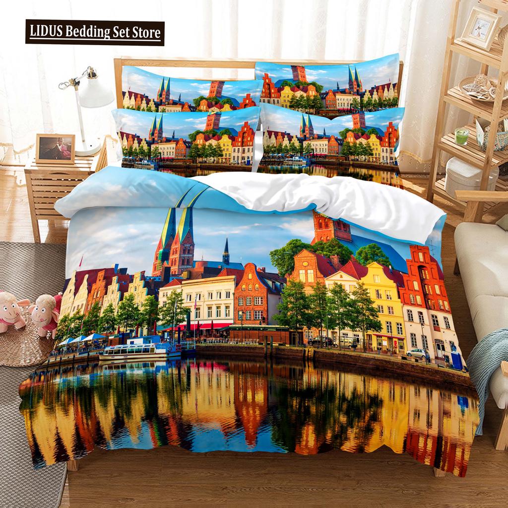 Building Famous Landscape Bedding Set For Bedroom Soft Bedspreads For Bed Home Comfortable Polyester Duvet Cover With Pillowcase