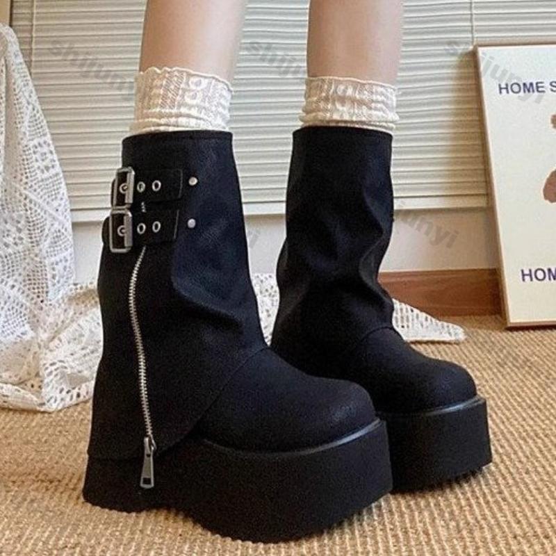 Fashion Women Fashion Platform Pile Western Ankle Boots Women Autumn Brown Chunky Heel Trouser Boots Thick Sole Knee-high Knight Booties