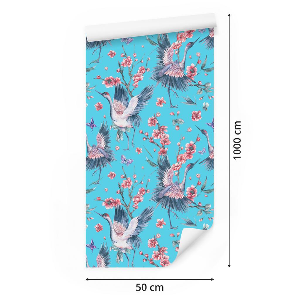 Cranes, Butterflies and Flowers Wallpaper for Living Room and Bedroom 50x1000