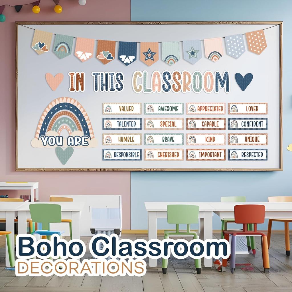 4E's Novelty 36 Pcs “in This Classroom You Are” Boho Classroom Bulletin Board Sets, Boho Motivational Bulletin Board Decorations with Rainbow, &
