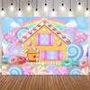 Sweet candy ground photo background, colorful lollipops, donuts, cake ice cream, children birthday party photography background