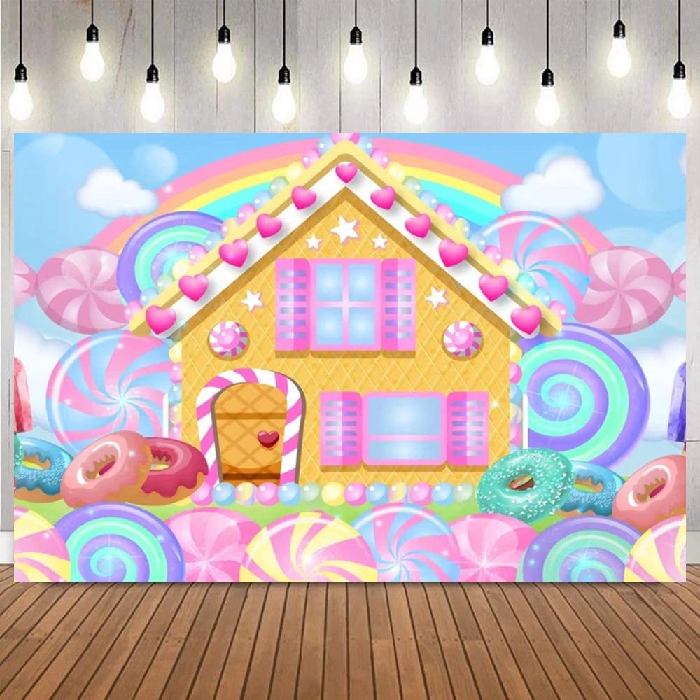 Sweet candy ground photo background, colorful lollipops, donuts, cake ice cream, children birthday party photography background