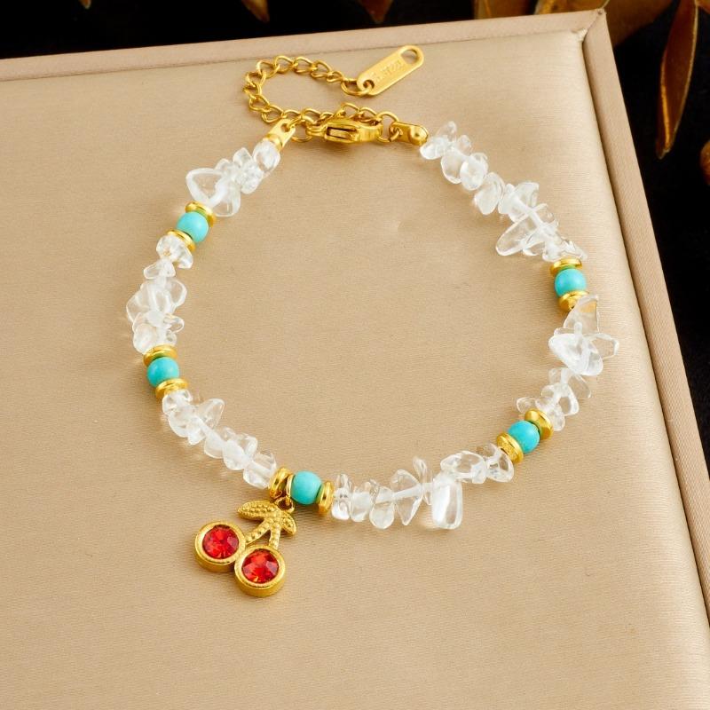 Gold Plated Stainless Steel Crystal Beaded Bracelet with Cherry Charm for Women белый