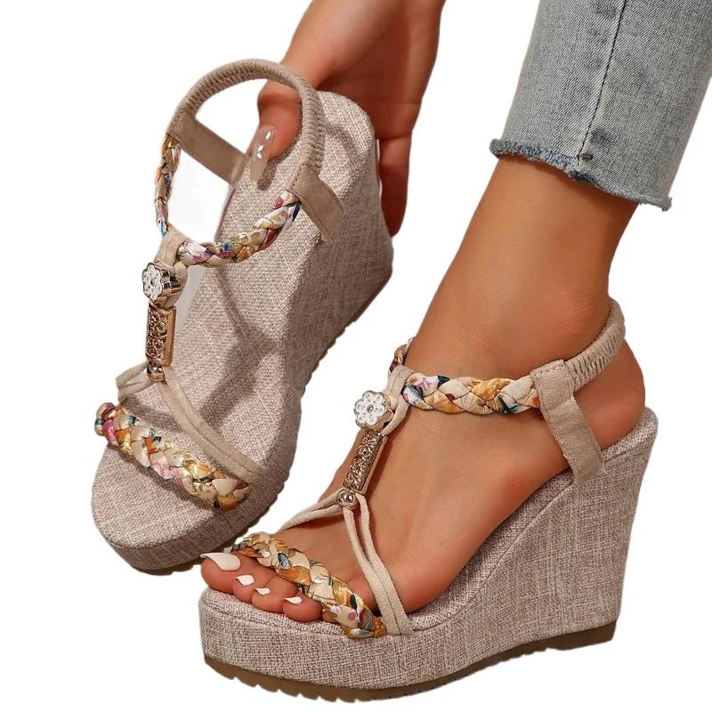 2024 Summer High Quality Women's Shoes Fashionable Open Toe Color Block Wedge Straight Open Channel Women's High Heel Sandals