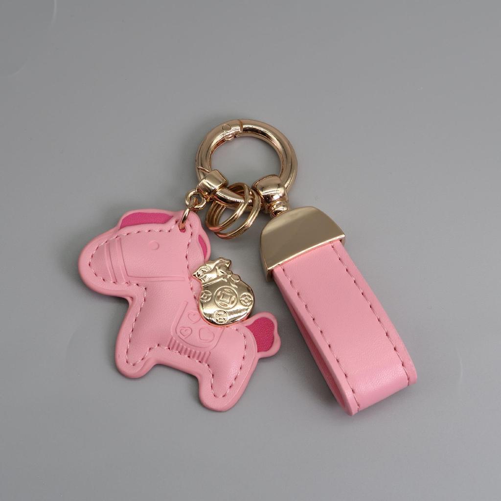 Instant Wealth Leather Keychain with Cartoon Pony Pendant for Couples – Trendy Bag and Car Accessory