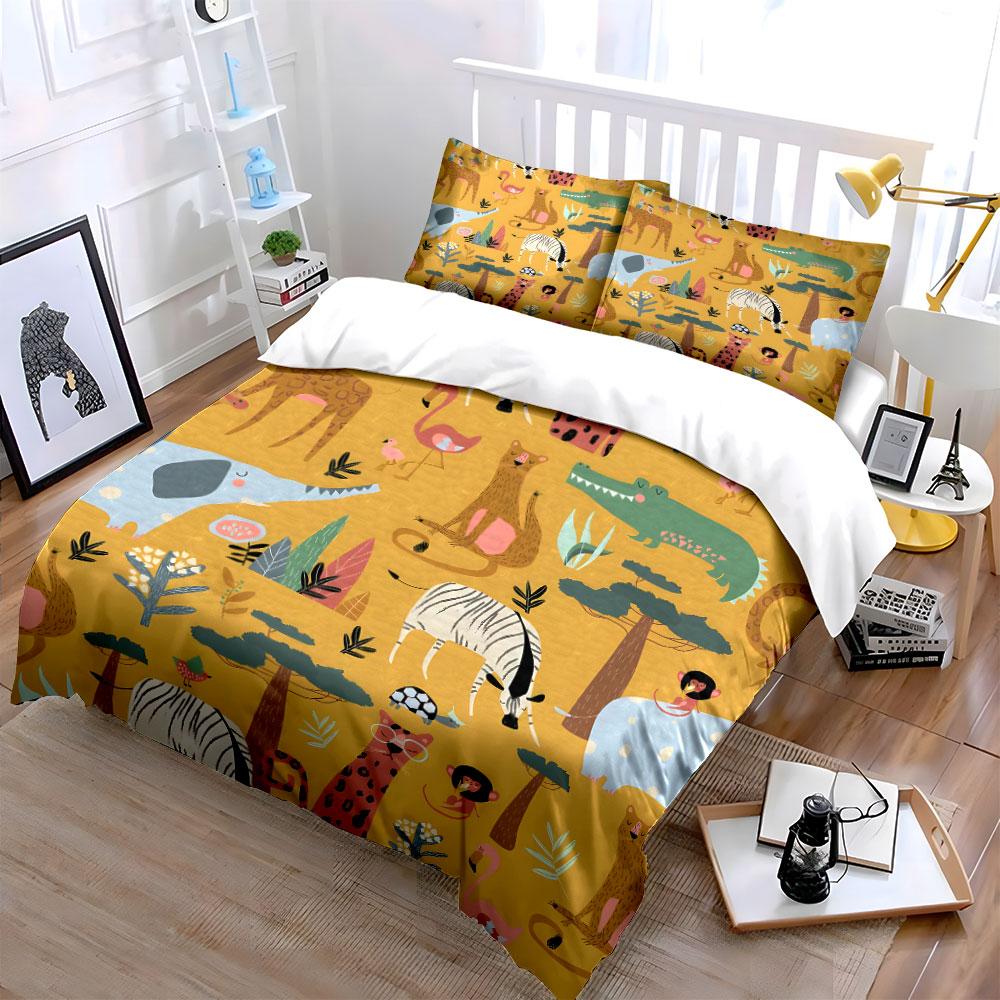 Cartoon Safari Animal Pattern Bedding Duvet Cover Set  (1*Duvet Cover 2*Pillowcases, Without Duvet Insert)