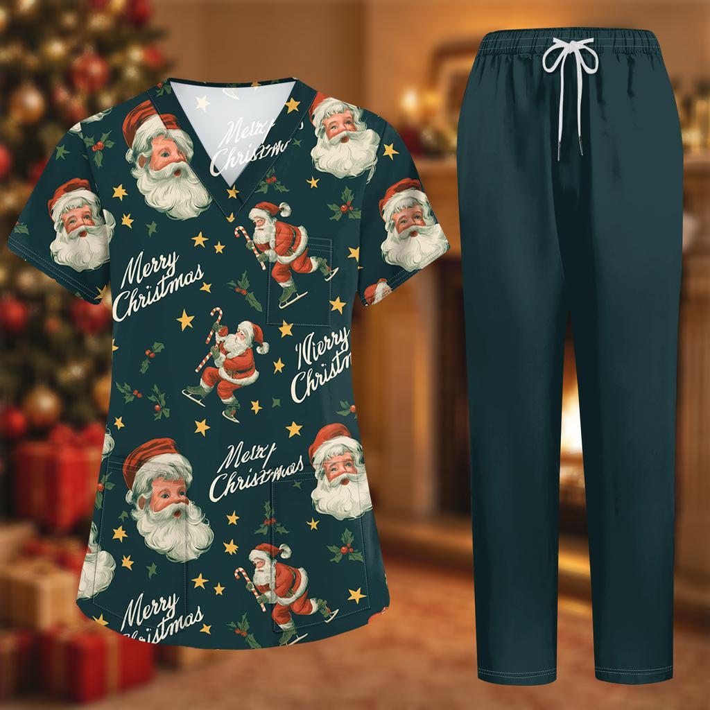 Damen-Uniformset mit kurzärmeligem Weihnachtsdruck-Oberteil und Hose, 2-teiliger Pflegekraft-Kittel