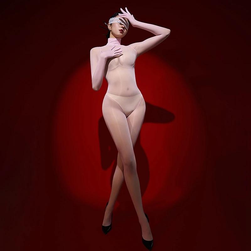 Damen Sexy Jumpsuit 8D Öl Glänzend Glänzend Strümpfe Verführung Nahtlos Elastisch Fünf-Finger Schwarze Seide Ganzkörperstrümpfe