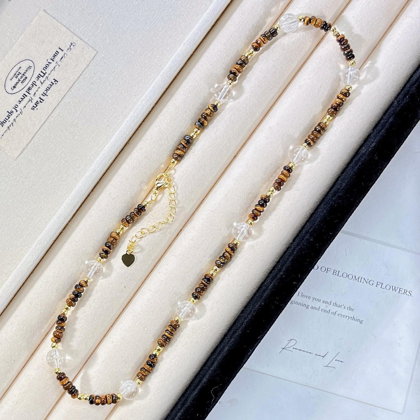Natural Tiger S Eye Stone White Crystal Design Necklace Clavicle Chain