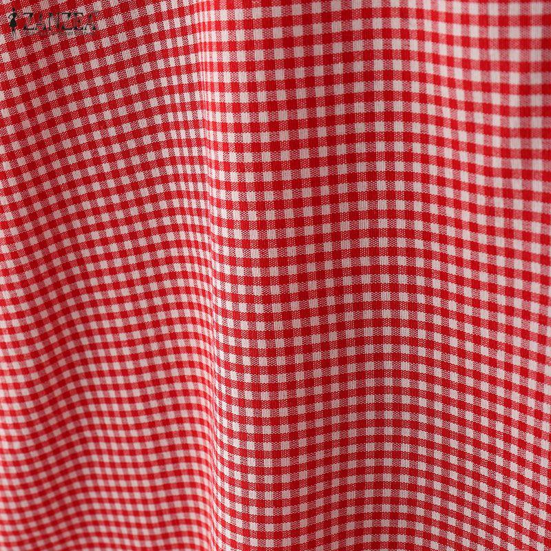 ZANZEA Women Casual Square Collar Half Sleeve Plaid Print Blouse Tops