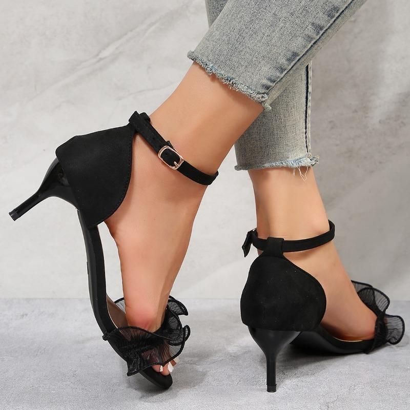 Fashion Fashion Lace Straps Sandals Women 2025 Summer Metal Ankle Strap Thin High Heels Sandals Woman Sexy Black Party Shoes