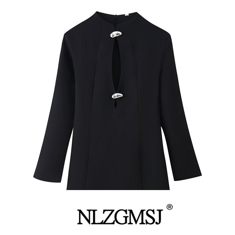 2025 Winter European & American Style Slimming Stand Collar Hollow Long Sleeve Waist-Cinching Dress Small