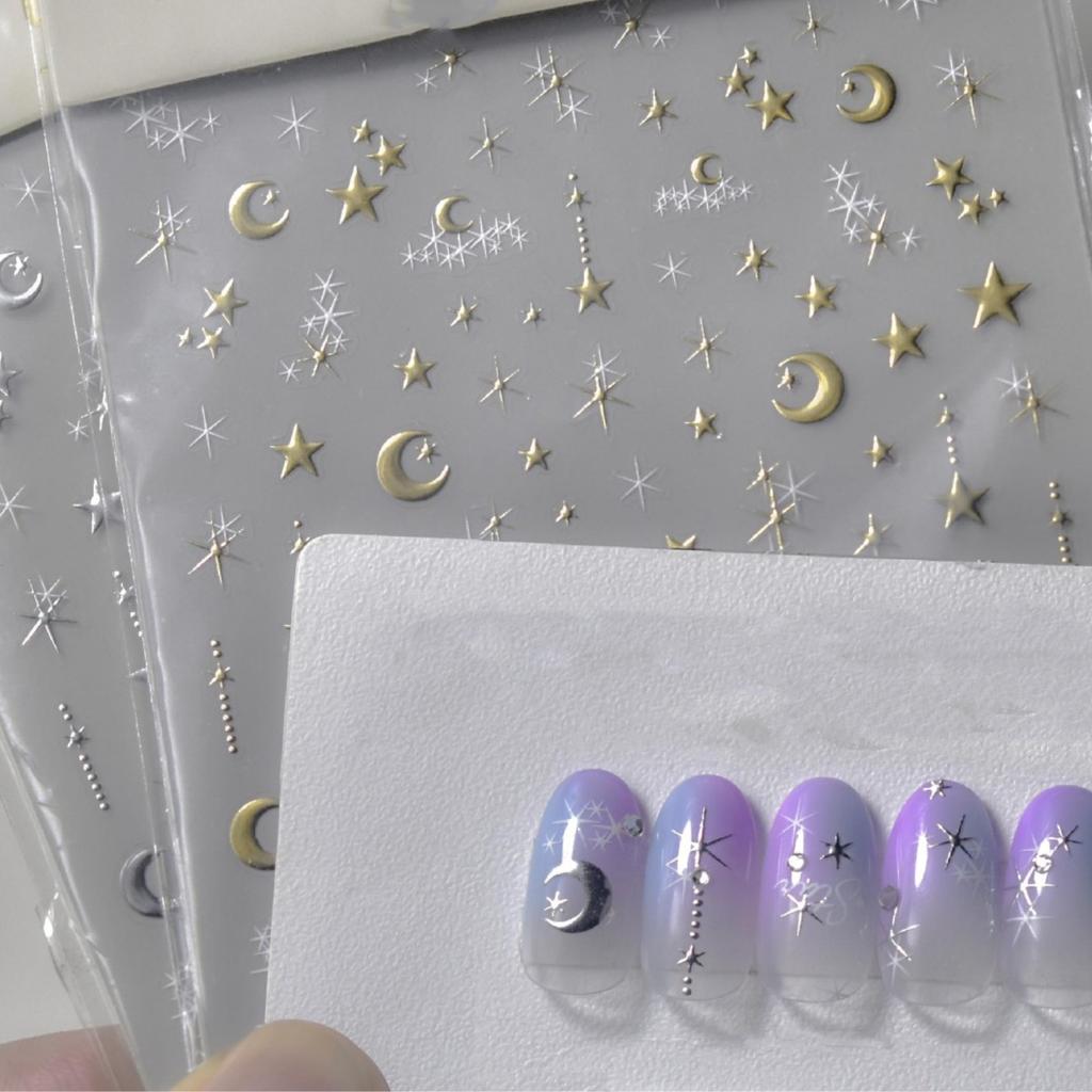 1pcs 5D Bronzing Star Moon Nail Art Stickers Luxury Gold Silver Adhesive Slider Press on Nail Decoration Decals Accessories DIY