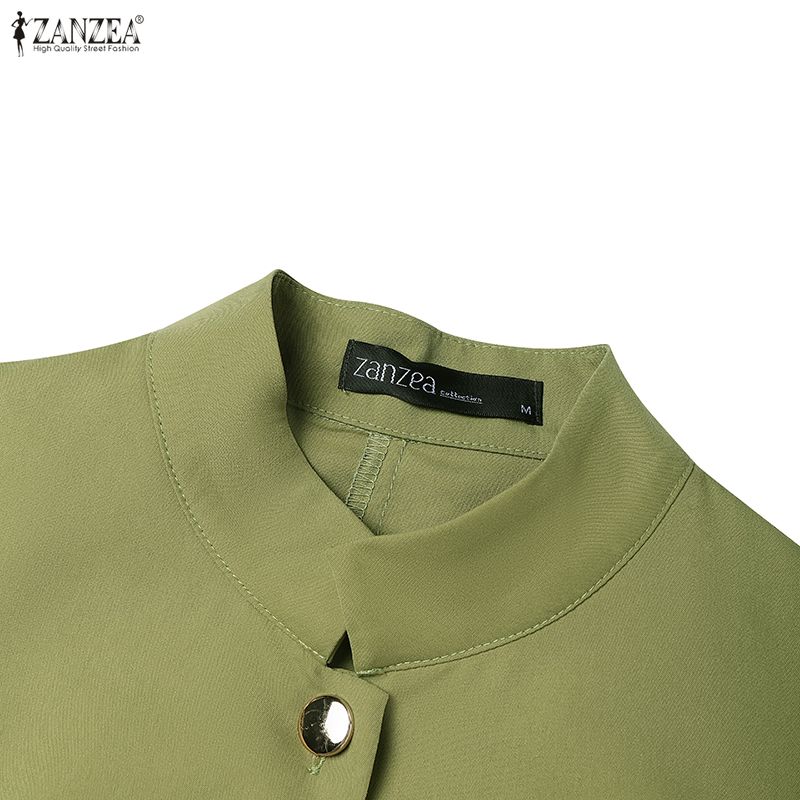 ZANZEA Women Elegant Casual Stand Collar Long Sleeve Plain Dress