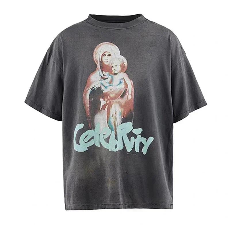 2025 Summer High Quality Cotton Classic Logo Graphics Print Saint Tshirt Unisex Unisex Vintage Washed Black T Shirt Loose Tee