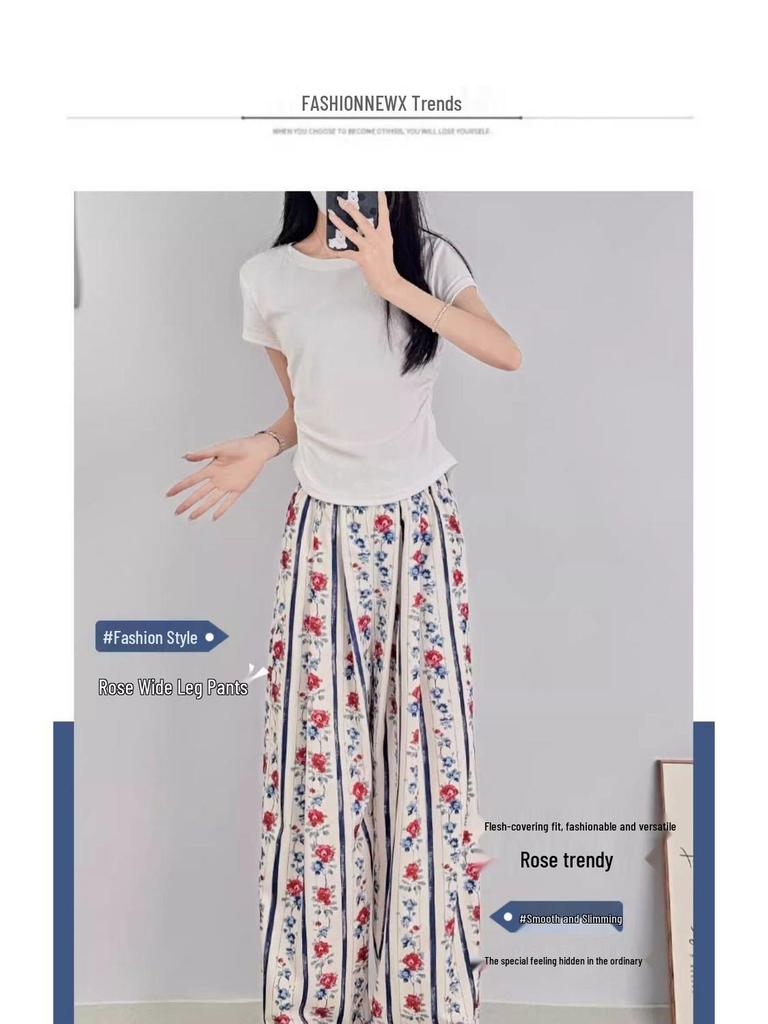 Women's Retro Rose High Waist Wide Leg Striped Pants - Summer 2025 Collection