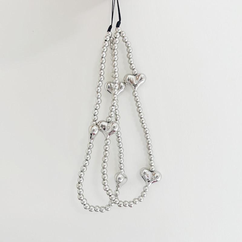 Ins Y2K Silver Love Heart Bowknot Phone Charm Strap Bead Pendant For Phone Accessories Hanging Rope Girl Jewelry