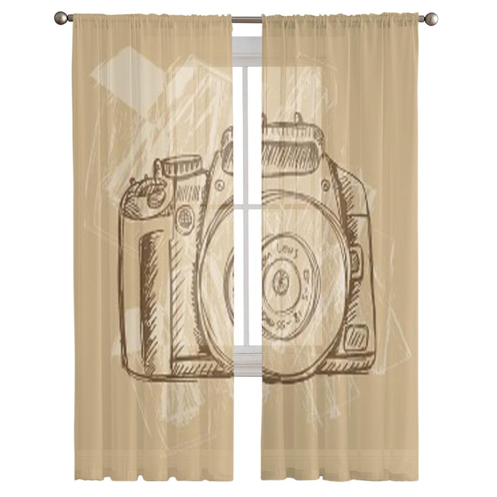 Przezroczyste zasłony woalowe z motywem aparatu fotograficznego do salonu, transparentne tiulowe dekoracje okienne do sypialni, kuchni, dekoracja domu, zasłony
