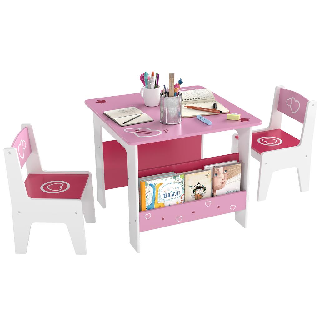 3 Pieces Kids Table and Chair Set, Toddler Activity Table with Bookshelves, for Living Room, Nursery, Playroom, Pink