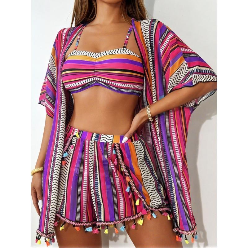 White 3 Piece Bikini Set with Tassel Cover Up Kimono and Shorts Boho Beachwear