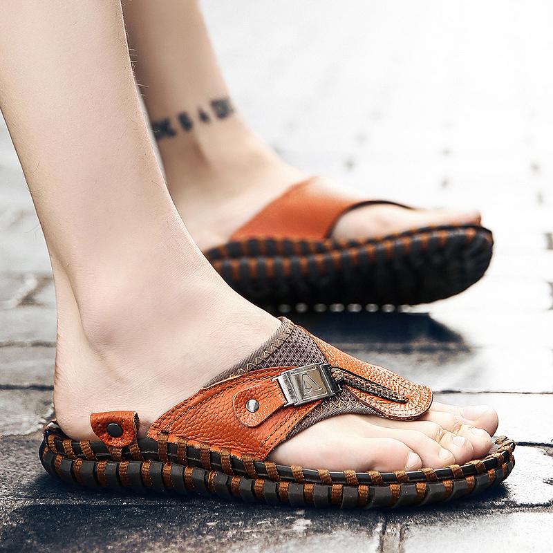 Fashion Genuine Leather Mens Slippers Summer Handmade Breathable Outdoor Beach Slipper High Quality Casual Leisure Slippers Flip-Flops