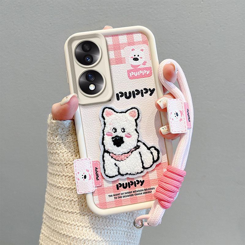 KEYSION Cartoon Cute Plush Embroidery Case for HONOR 70 5G with Lanyard Silicone Shockproof Phone Cover for Huawei Honor 70