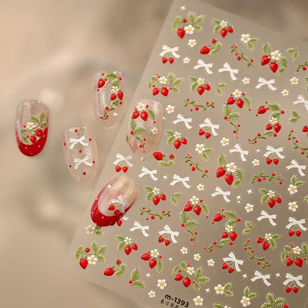 Spring Strawberry Vine 5D Nail Art Stickers Garden Fresh Red Strawberry Green Leaves Flower Cherry Branch Bow Nail Decals DIY